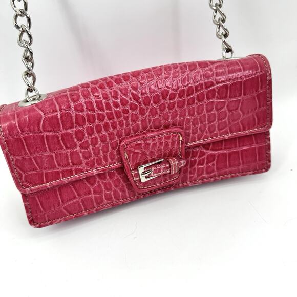Liz Claiborne Vintage Y2K 90s Mini Shoulder Hobo Bag Pink Croc Buckle Chain Flap